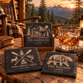Personalized Slate Coaster Set with Wooden Holder, Custom Cabin & Lake House Coasters, Rustic Mountain Housewarming Gift Set of 6