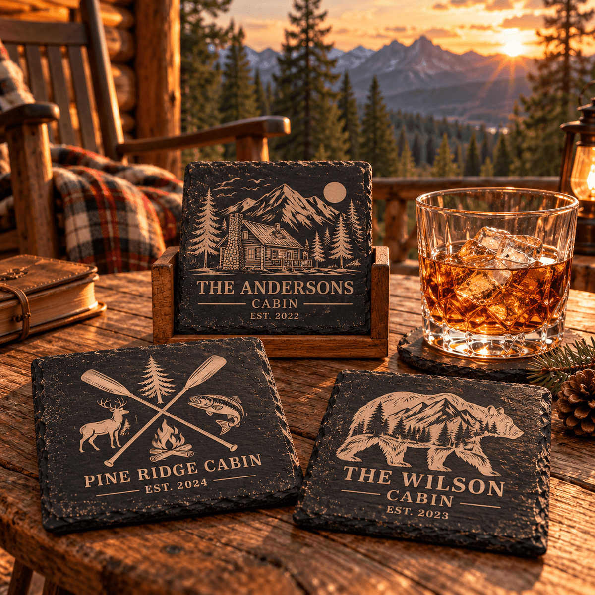 Personalized Slate Coaster Set with Wooden Holder, Custom Cabin & Lake House Coasters, Rustic Mountain Housewarming Gift Set of 6