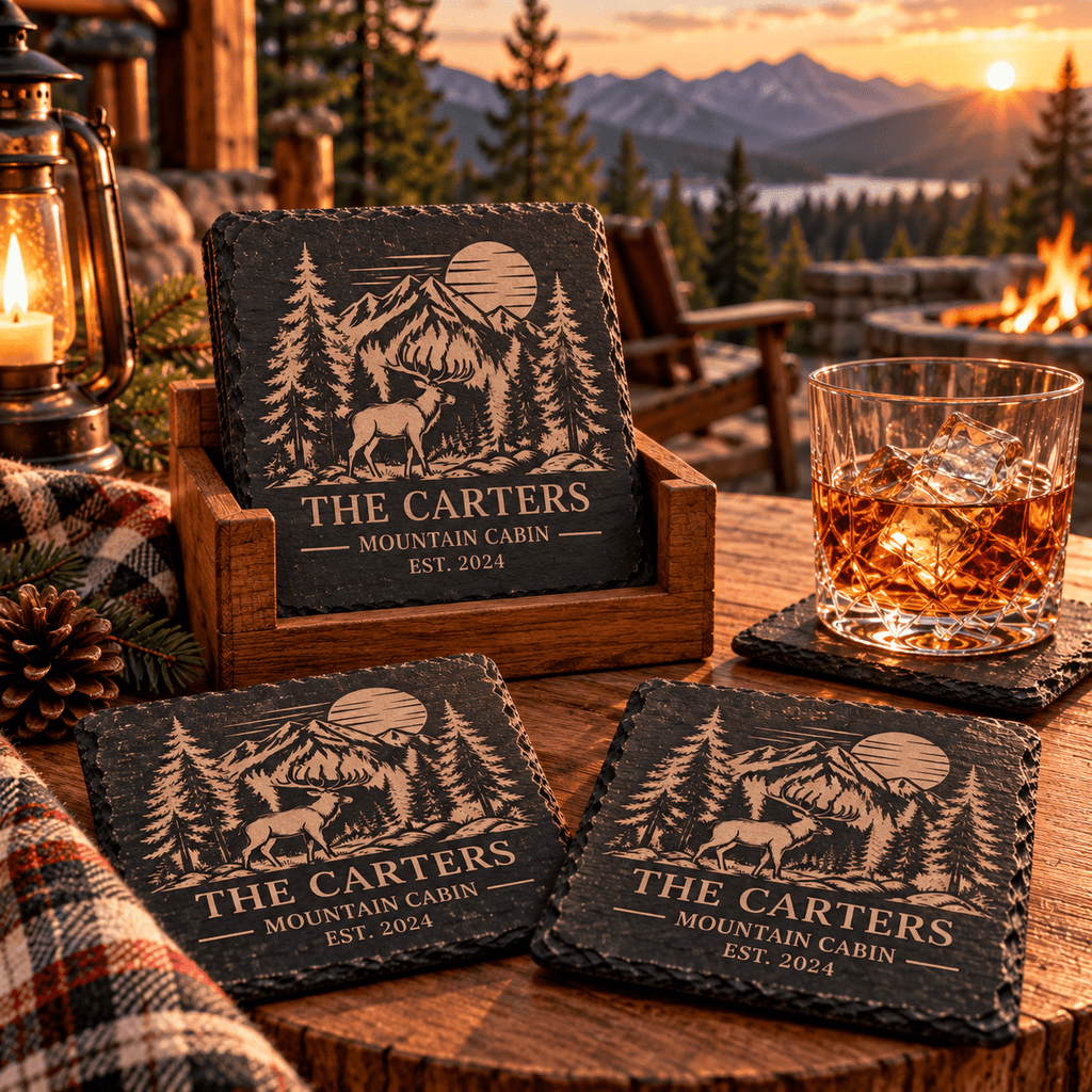 Personalized Slate Coaster Set with Wooden Holder, Custom Cabin & Lake House Coasters, Rustic Mountain Housewarming Gift Set of 6