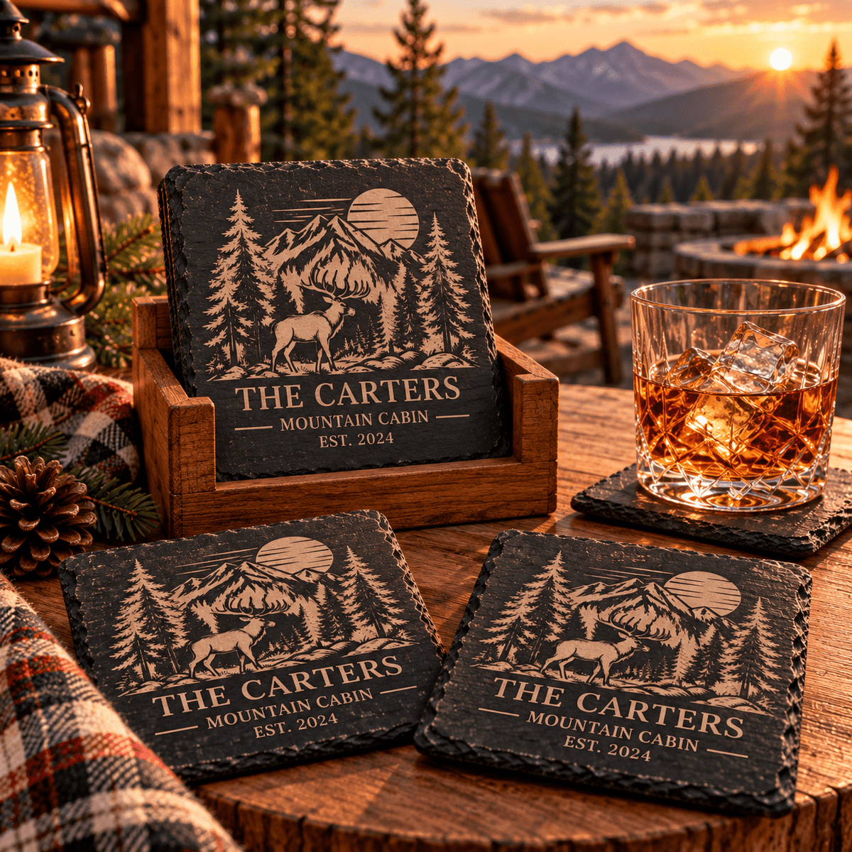 Personalized Slate Coaster Set with Wooden Holder, Custom Cabin & Lake House Coasters, Rustic Mountain Housewarming Gift Set of 6