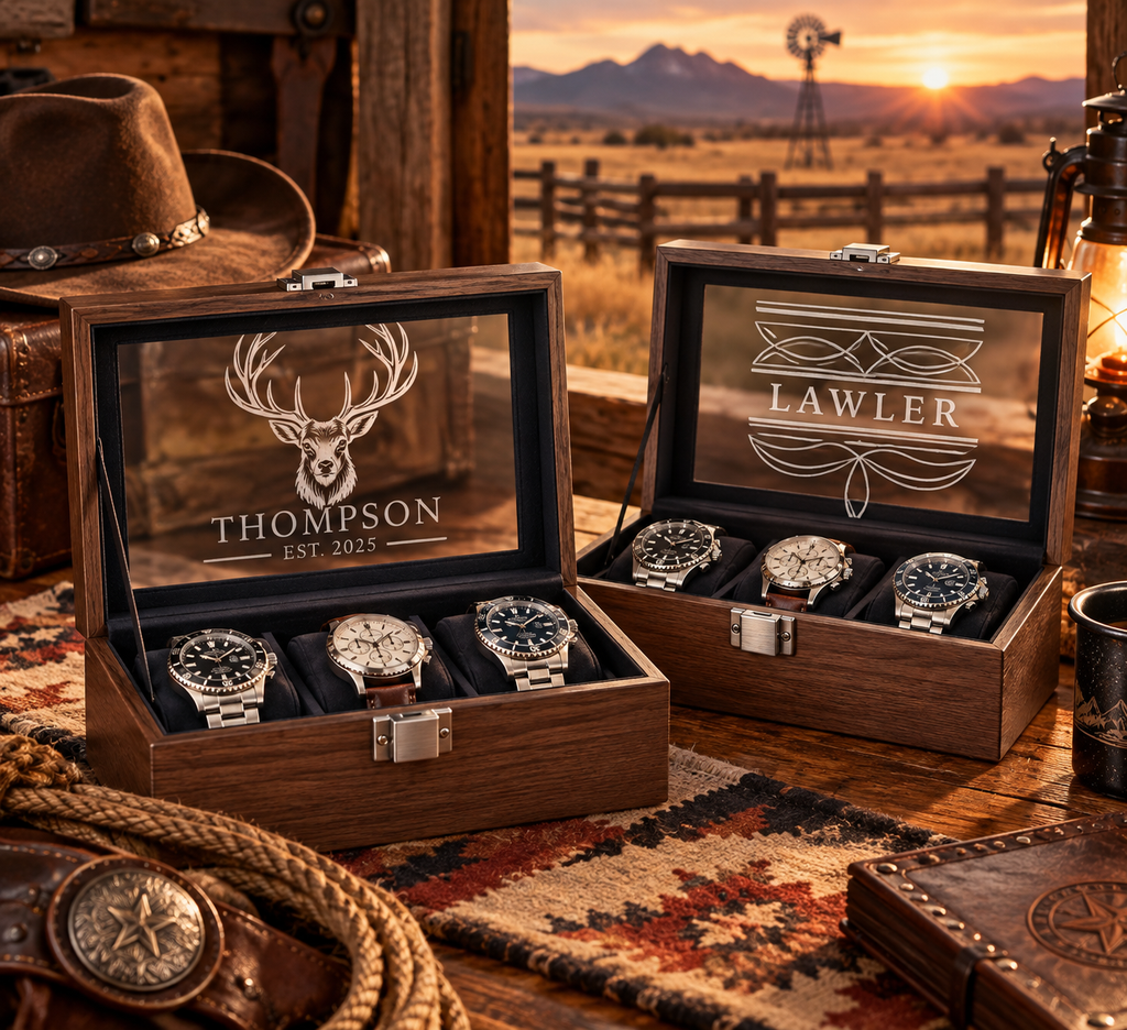 Personalized Watch Box for Men with Custom Name or Initial on Glass – Engraved 3 Slot Wood Watch Display Case for Groomsmen or Birthday Gift
