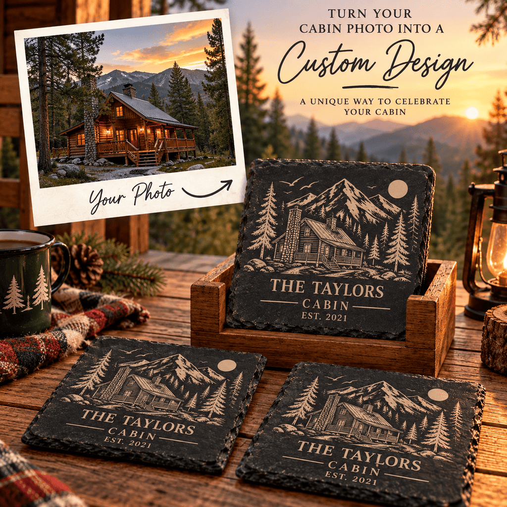 Personalized Slate Coaster Set with Wooden Holder, Custom Cabin & Lake House Coasters, Rustic Mountain Housewarming Gift Set of 6
