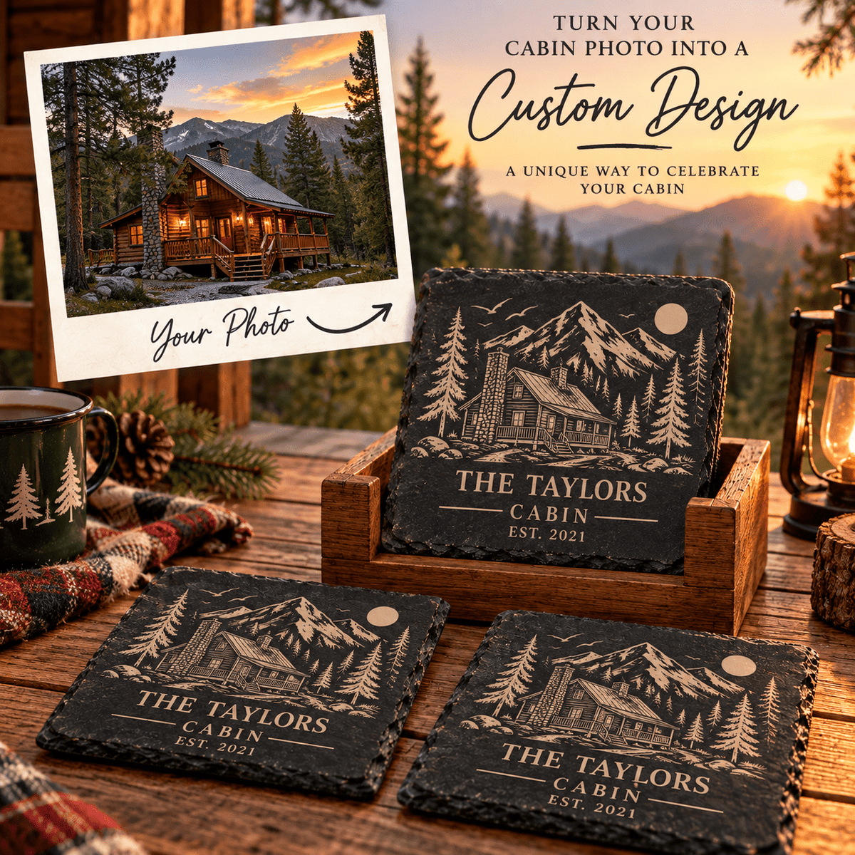 Personalized Slate Coaster Set with Wooden Holder, Custom Cabin & Lake House Coasters, Rustic Mountain Housewarming Gift Set of 6