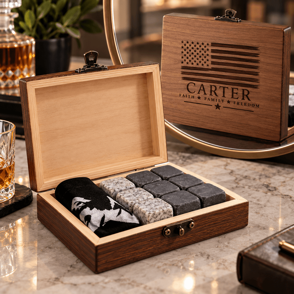 Personalized Whiskey Stones Gift Set with Custom Engraved Wooden Box – Unique Father's Day Gift for Him, Groomsman Gift, Birthday Gift