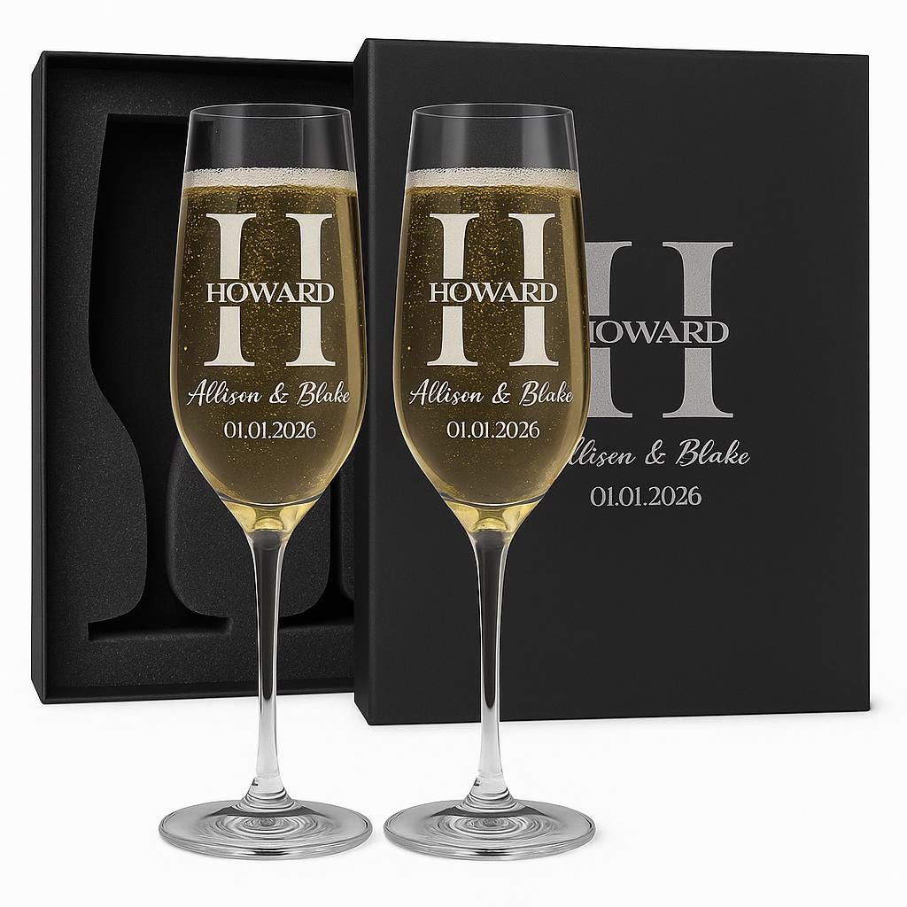 Personalized Wedding Champagne Glasses Set with Custom Name Box and Gift Bag – Elegant Anniversary or Newlywed Gift for Couples