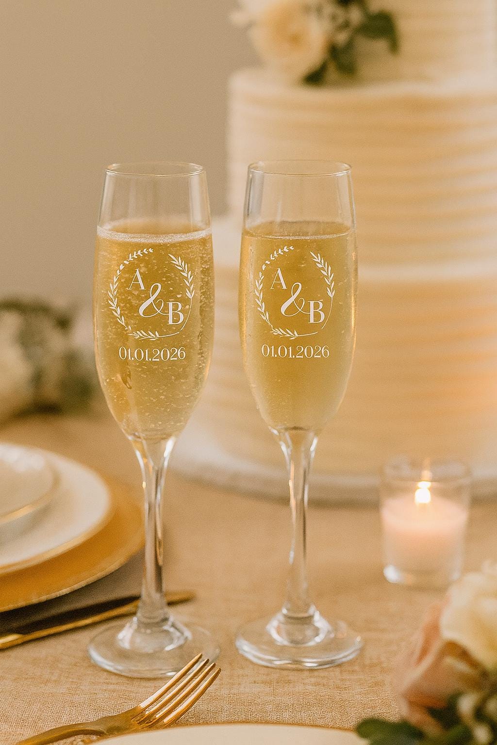 Personalized Wedding Champagne Glasses Set with Custom Name Box and Gift Bag – Elegant Anniversary or Newlywed Gift for Couples
