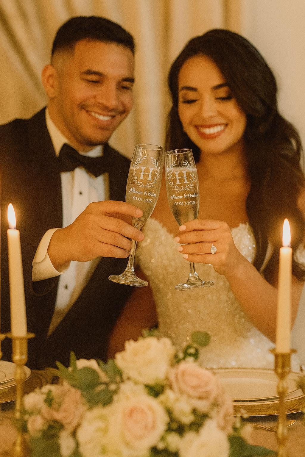 Personalized Wedding Champagne Glasses Set with Custom Name Box and Gift Bag – Elegant Anniversary or Newlywed Gift for Couples