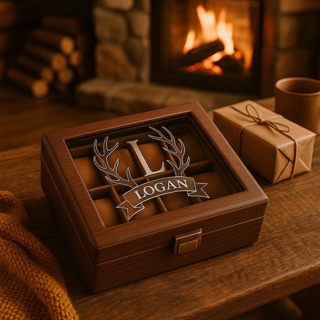 Leather Watch Box with Wood Grain Pattern for 6 Watches, Glass Lid Display Organizer Case for Men, Faux Wood Watch Storage Gift