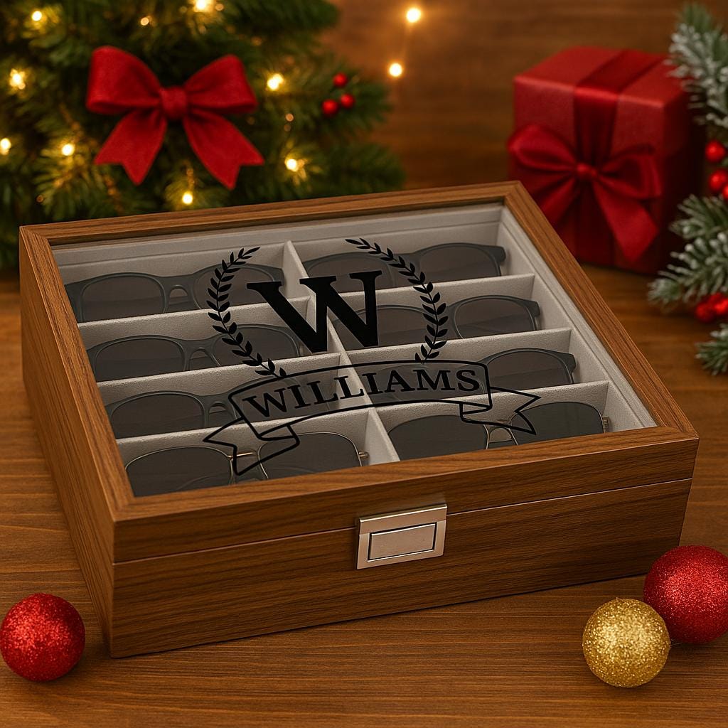 Custom Engraved Wooden Glasses Storage Box With Name Or Monogram - Personalized Sunglasses Organizer Gift For Him Or Her