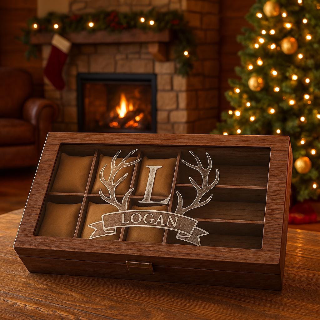 Personalized Leather Watch and Sunglass Box with Wood Pattern Finish for Men, Custom Engraved Name Gift for Him, Groomsman or Dad Gift