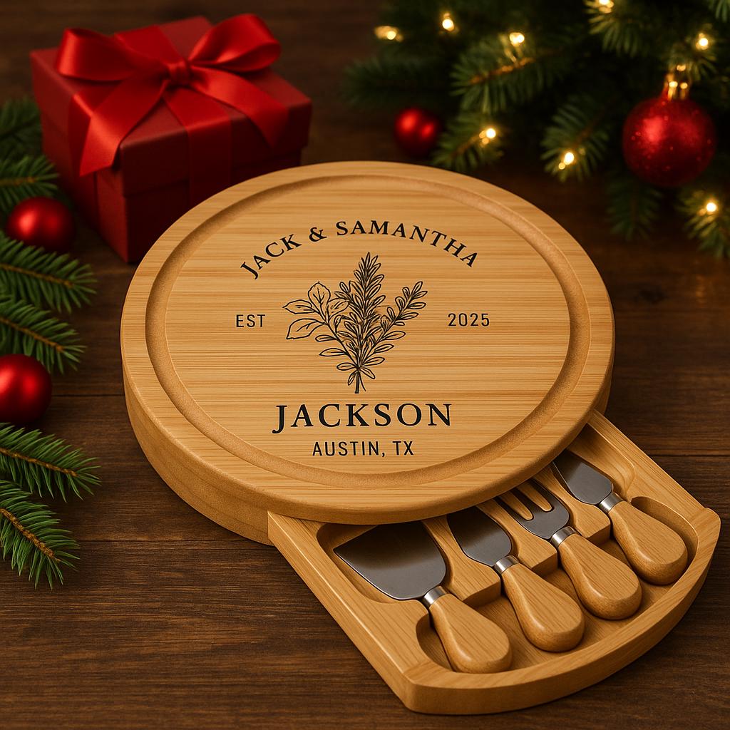 Personalized Bamboo Cheese Board with Utensils Drawer Set - Custom Engraved Charcuterie Board Wedding Gift for Couples or Families