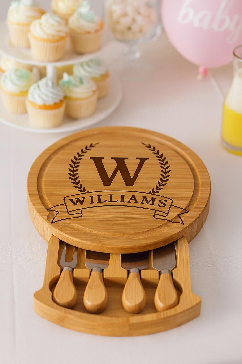 Personalized Bamboo Cheese Board with Utensils Drawer Set - Custom Engraved Charcuterie Board Wedding Gift for Couples or Families