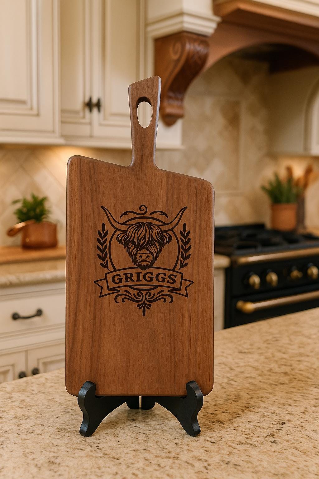 Personalized Black Walnut Cutting Board with Handle – Custom Engraved Charcuterie Gift for Wedding, Housewarming or Christmas