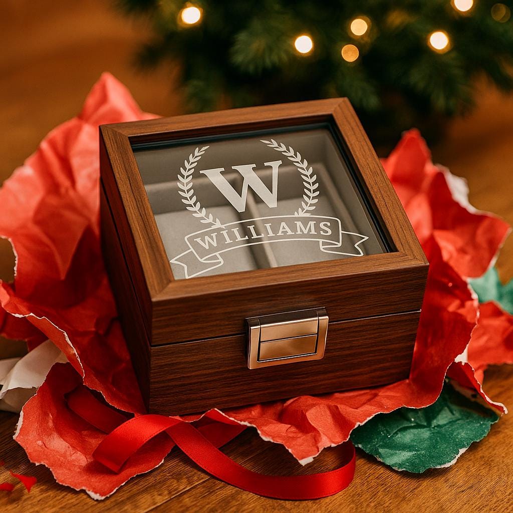 Custom Engraved Wooden Watch Box with Glass Lid – Personalized Initial and Name Keepsake Box for Men, Retirement, Birthday or Groomsmen Gift