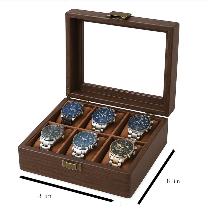 Leather Watch Box with Wood Grain Pattern for 6 Watches, Glass Lid Display Organizer Case for Men, Faux Wood Watch Storage Gift