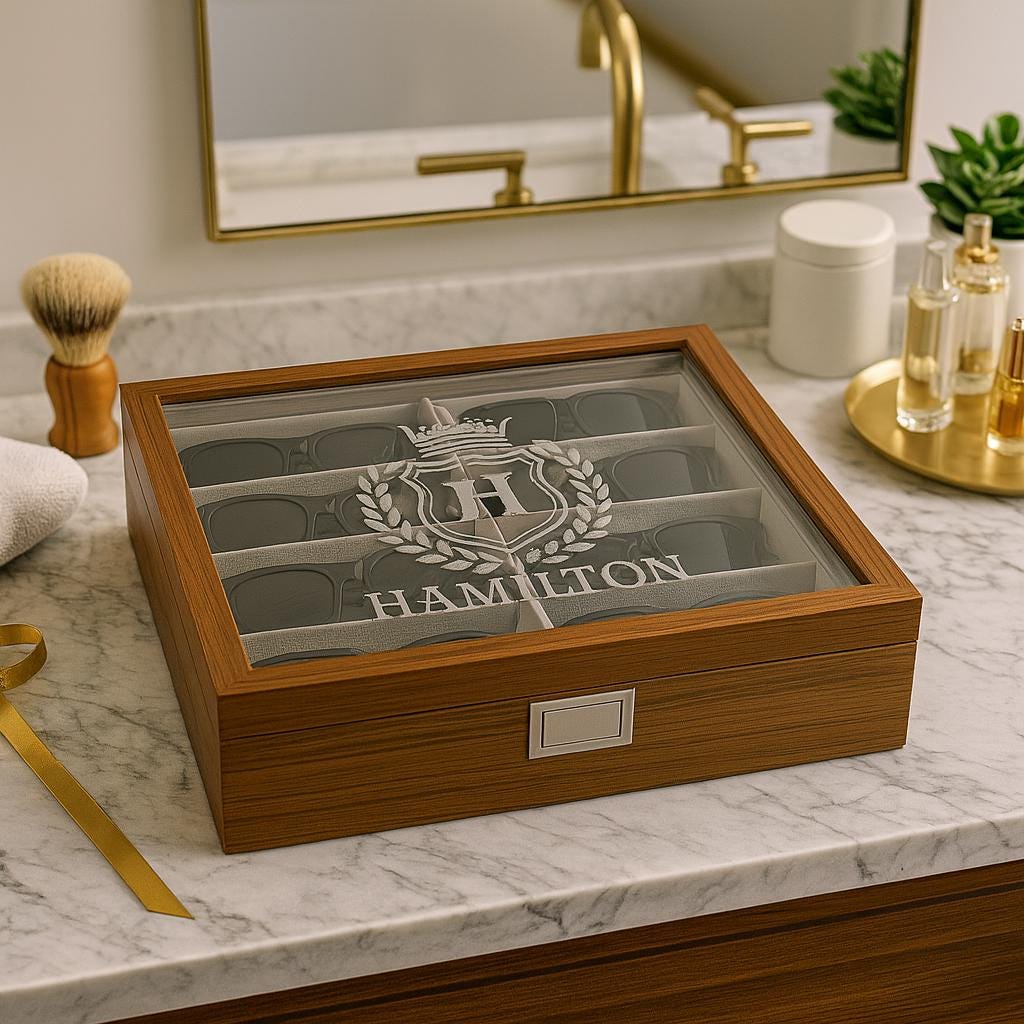 Custom Engraved Wooden Glasses Storage Box With Name Or Monogram - Personalized Sunglasses Organizer Gift For Him Or Her