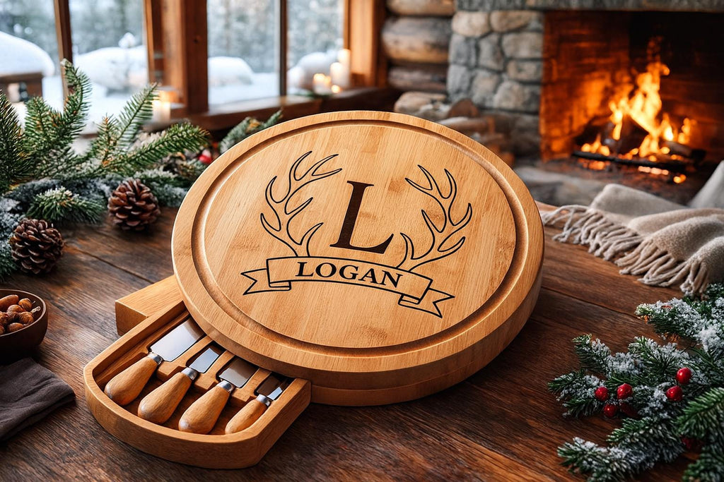 Personalized Bamboo Cheese Board with Utensils Drawer Set - Custom Engraved Charcuterie Board Wedding Gift for Couples or Families