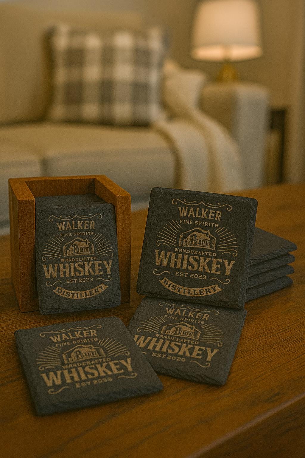 Personalized Slate Coasters with Acacia Holder – Custom Family Name Monogram Gift for Housewarming, Wedding, Christmas, Rustic Decor