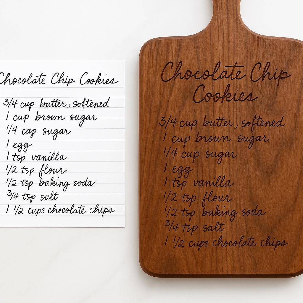 Custom Black Walnut Cutting Board with Handwritten Recipe Engraved – Memorial Gift, Heirloom Kitchen Keepsake, Personalized Gift