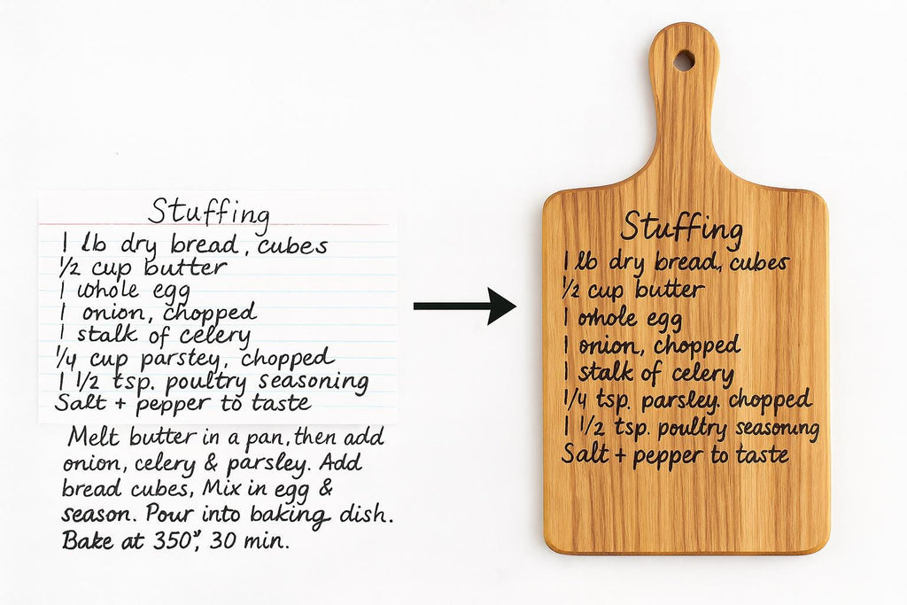 Custom Zebrawood Cutting Board with Handwritten Recipe Engraved – Memorial Gift, Heirloom Kitchen Keepsake, Personalized Gift