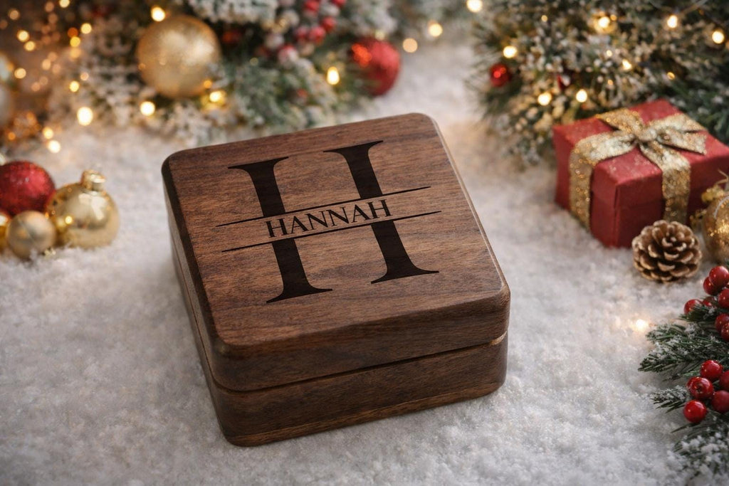 Custom Engraved Walnut Jewelry Box with Name or Initials – Personalized Wooden Gift for Bridesmaids, Birthdays, Weddings, or Holidays