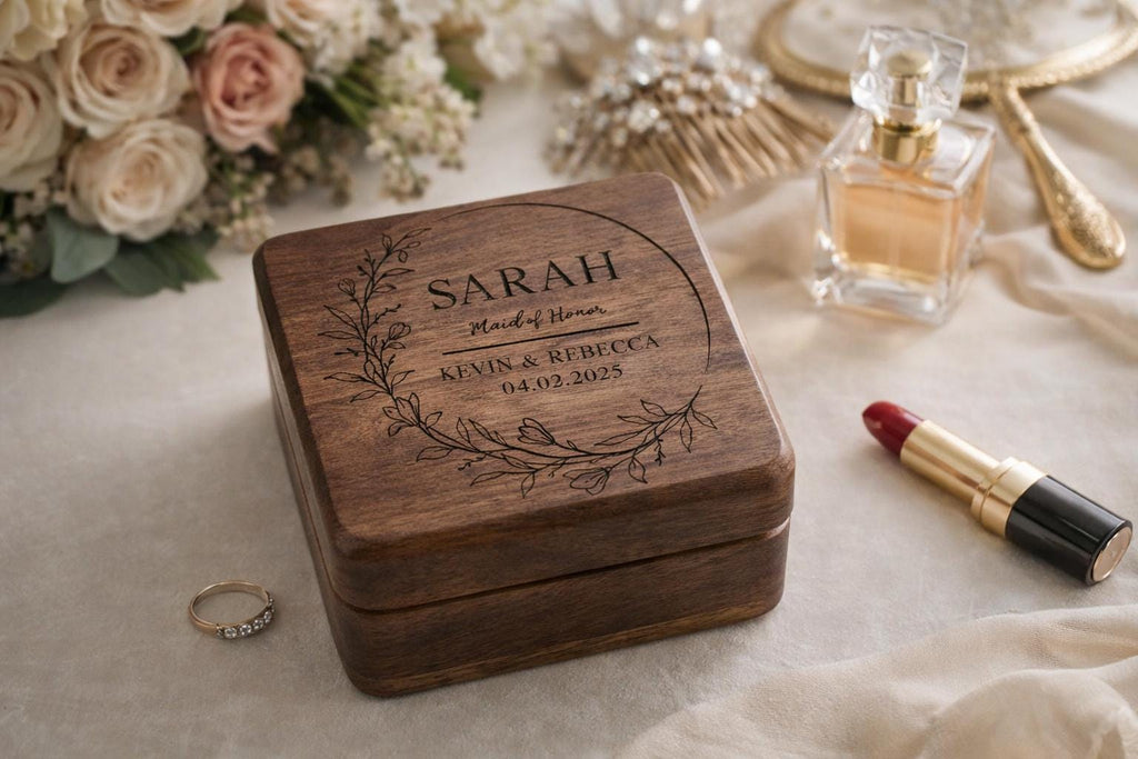 Custom Engraved Walnut Jewelry Box with Name or Initials – Personalized Wooden Gift for Bridesmaids, Birthdays, Weddings, or Holidays