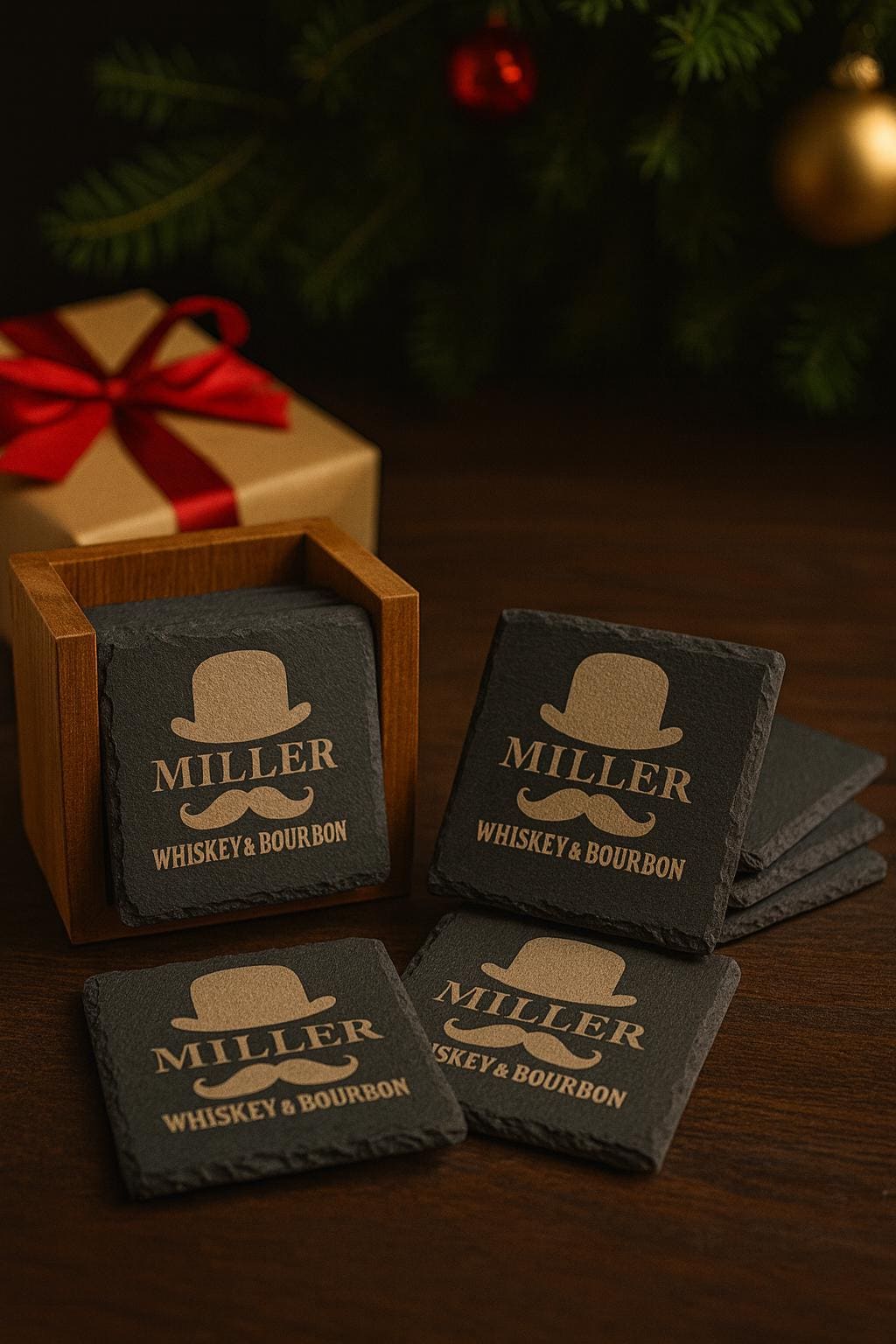 Personalized Slate Coasters with Acacia Holder – Custom Family Name Monogram Gift for Housewarming, Wedding, Christmas, Rustic Decor