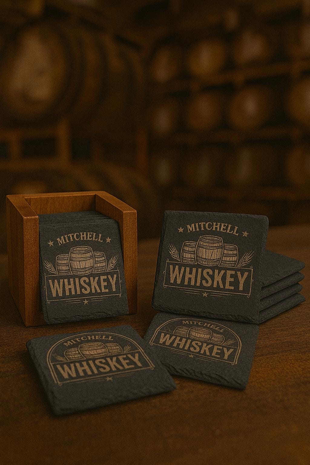 Personalized Slate Coasters with Acacia Holder – Custom Family Name Monogram Gift for Housewarming, Wedding, Christmas, Rustic Decor