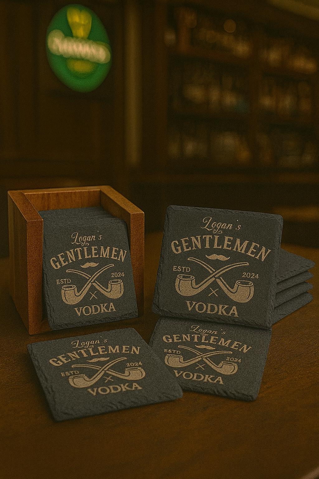 Personalized Slate Coasters with Acacia Holder – Custom Family Name Monogram Gift for Housewarming, Wedding, Christmas, Rustic Decor