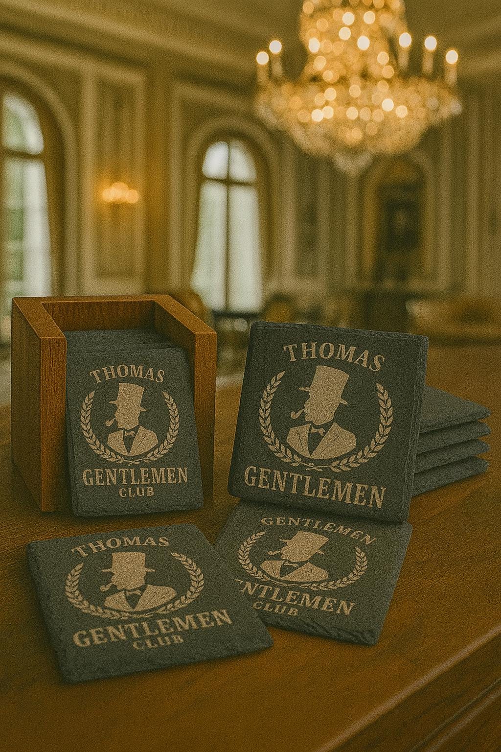 Personalized Slate Coasters with Acacia Holder – Custom Family Name Monogram Gift for Housewarming, Wedding, Christmas, Rustic Decor