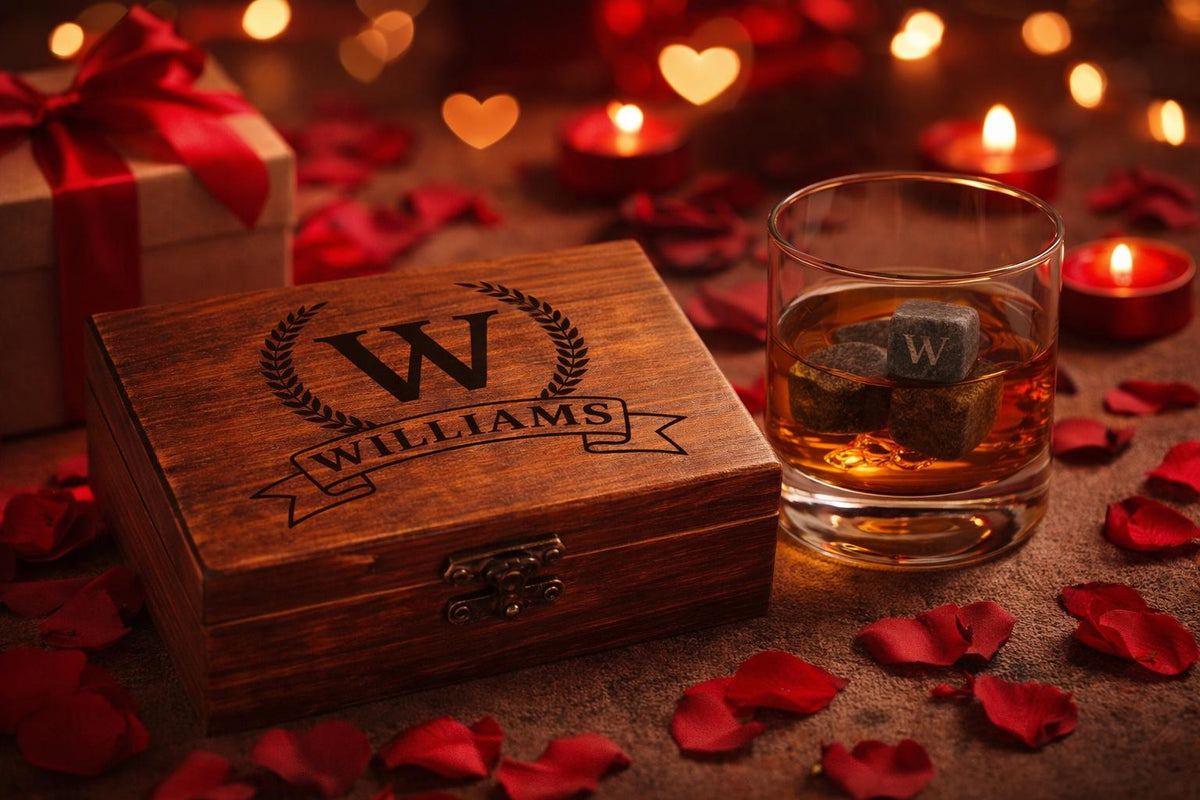 Personalized Whiskey Stones Gift Set with Custom Engraved Wooden Box – Unique Father's Day Gift for Him, Groomsman Gift, Birthday Gift