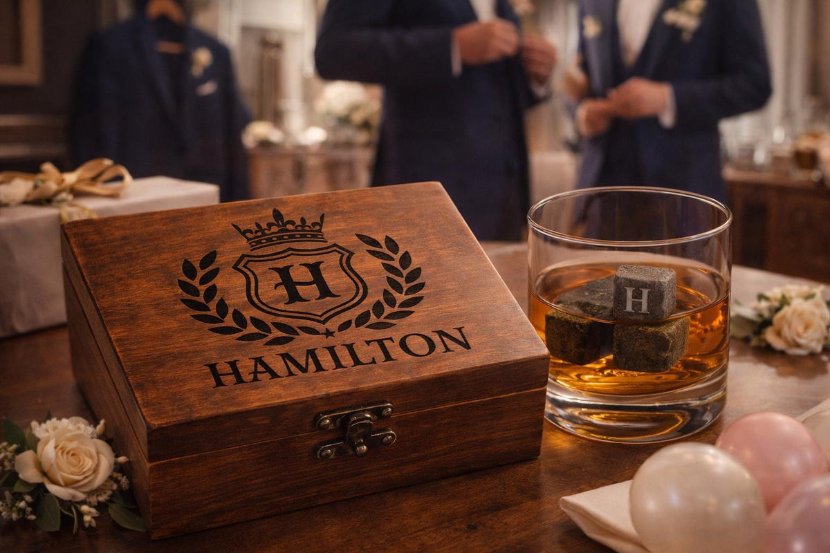 Personalized Whiskey Stones Gift Set with Custom Engraved Wooden Box – Unique Father's Day Gift for Him, Groomsman Gift, Birthday Gift