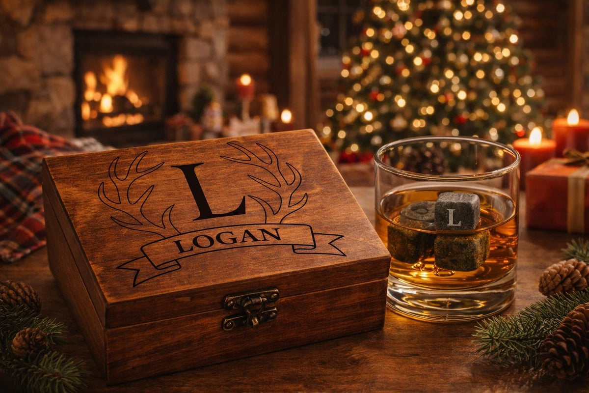 Personalized Whiskey Stones Gift Set with Custom Engraved Wooden Box – Unique Father's Day Gift for Him, Groomsman Gift, Birthday Gift