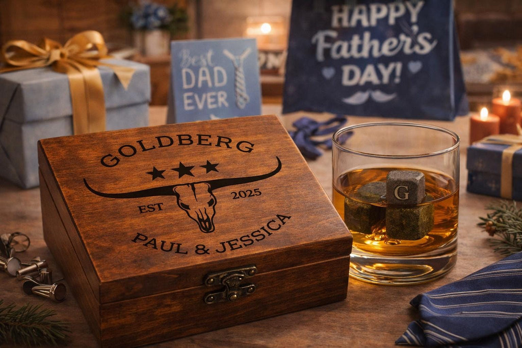 Personalized Whiskey Stones Gift Set with Custom Engraved Wooden Box – Unique Father's Day Gift for Him, Groomsman Gift, Birthday Gift