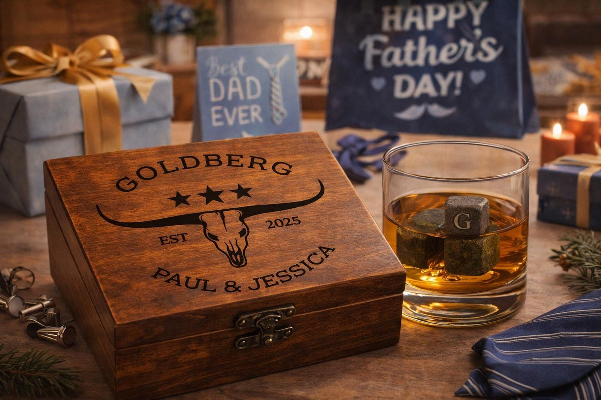 Personalized Whiskey Stones Gift Set with Custom Engraved Wooden Box – Unique Father's Day Gift for Him, Groomsman Gift, Birthday Gift