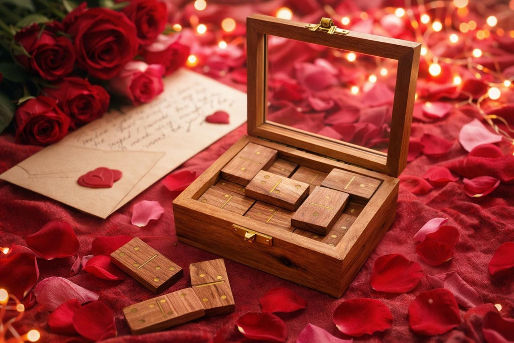 Handmade Acacia Wood Domino Set with Gold Inlay in Clear Lid Display Box – Unique Personalized Gift for Him, Dad, Weddings or Holidays