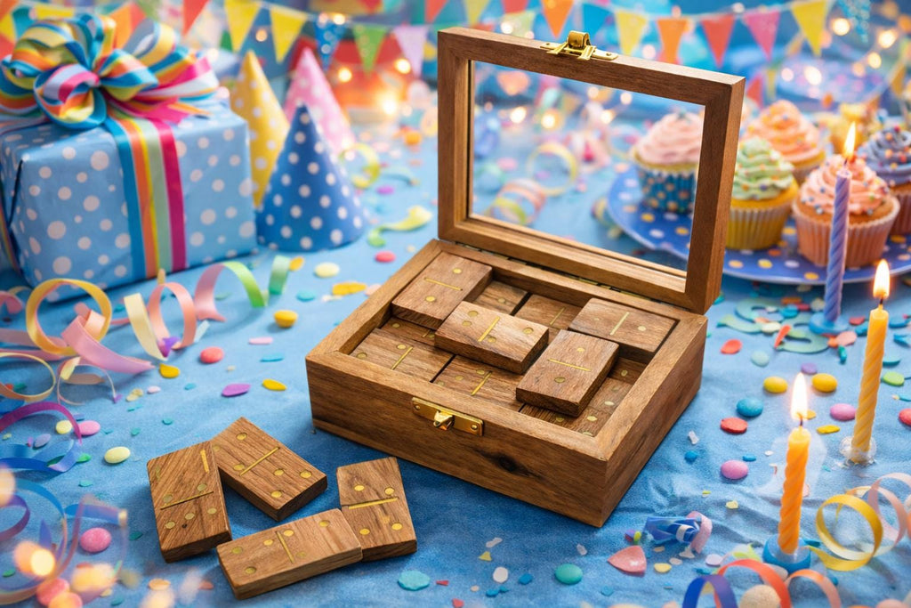 Handmade Acacia Wood Domino Set with Gold Inlay in Clear Lid Display Box – Unique Personalized Gift for Him, Dad, Weddings or Holidays