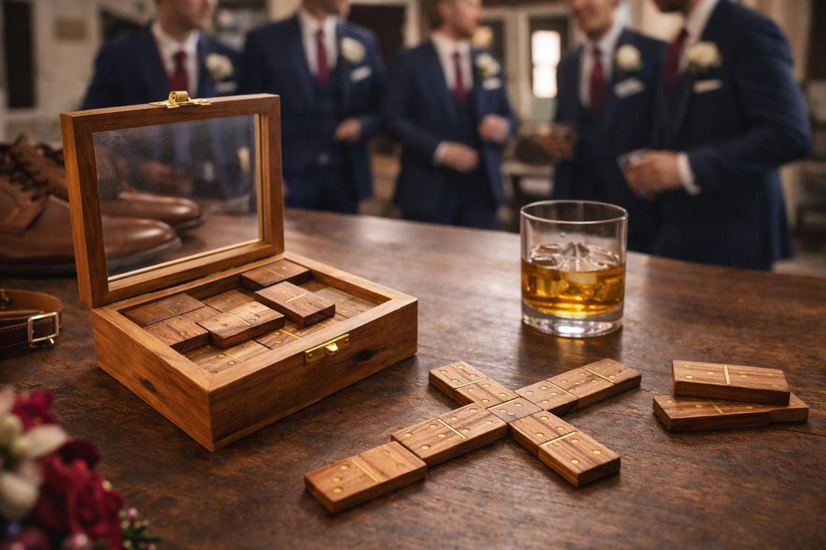 Handmade Acacia Wood Domino Set with Gold Inlay in Clear Lid Display Box – Unique Personalized Gift for Him, Dad, Weddings or Holidays