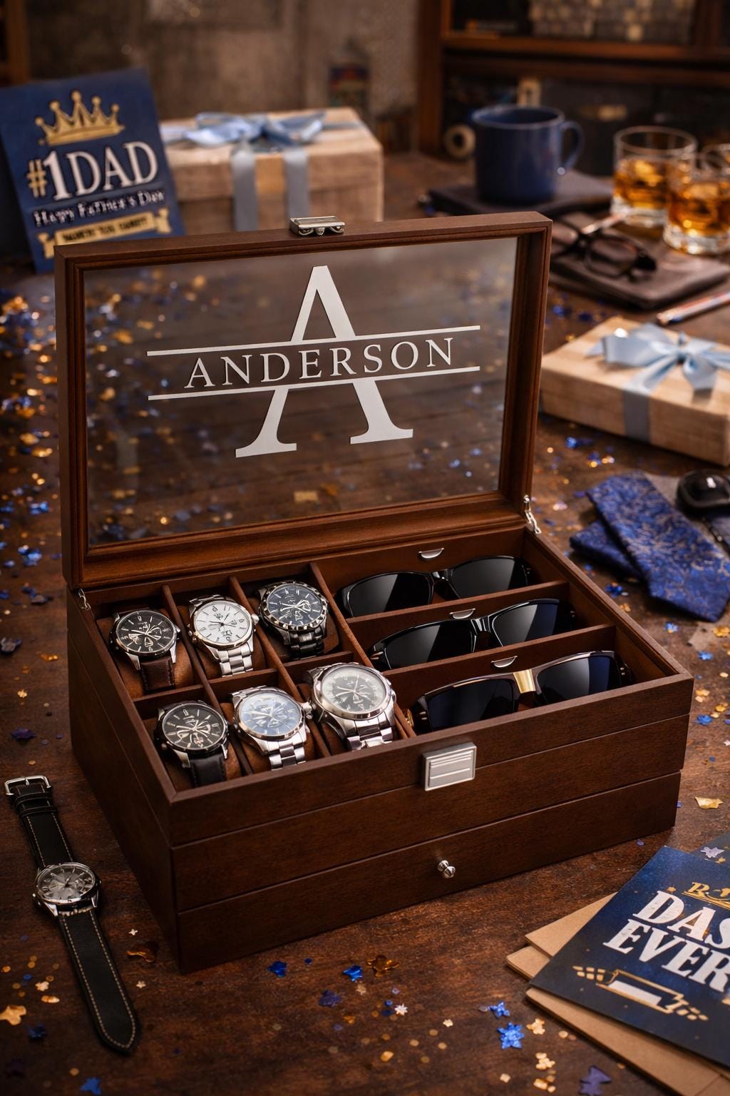 Custom Engraved Watch Sunglass Jewelry Box for Men with Name or Monogram – Wooden Personalized Organizer Gift for Him Husband Dad