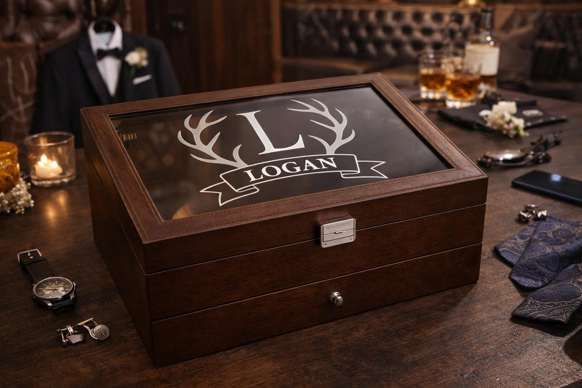 Custom Engraved Watch Sunglass Jewelry Box for Men with Name or Monogram – Wooden Personalized Organizer Gift for Him Husband Dad