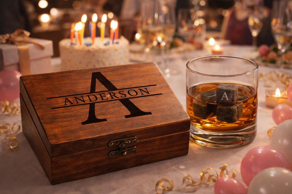 Personalized Whiskey Stones Gift Set with Custom Engraved Wooden Box – Unique Father's Day Gift for Him, Groomsman Gift, Birthday Gift