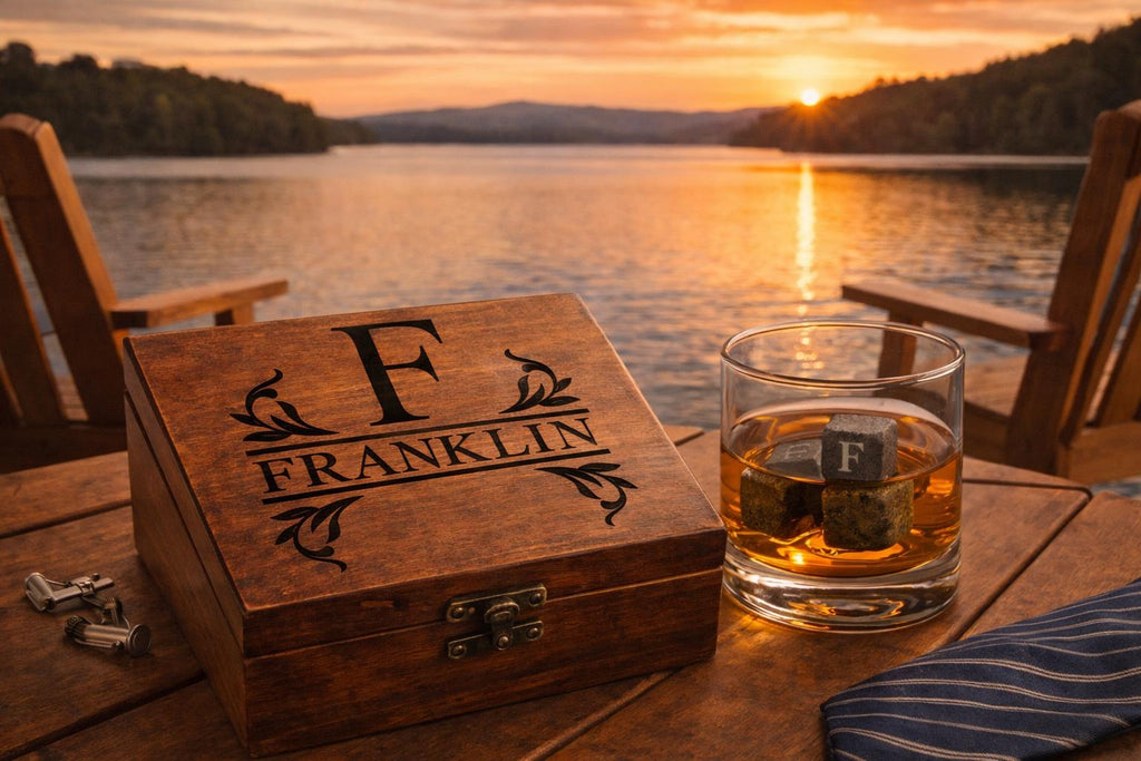 Personalized Whiskey Stones Gift Set with Custom Engraved Wooden Box – Unique Father's Day Gift for Him, Groomsman Gift, Birthday Gift