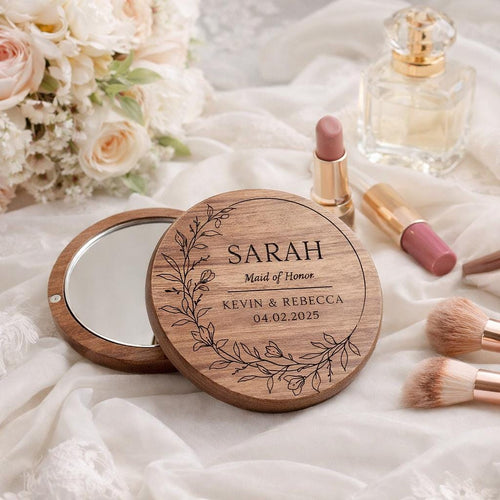 Personalized Wooden Compact Mirror with Engraved Name or Initials, Custom Bridesmaid Gift, Wedding Favor, Purse Mirror, Birthday Gift Idea