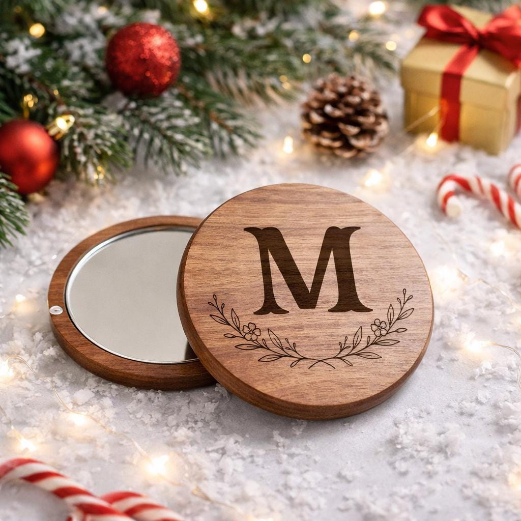 Personalized Wooden Compact Mirror with Engraved Name or Initials, Custom Bridesmaid Gift, Wedding Favor, Purse Mirror, Birthday Gift Idea