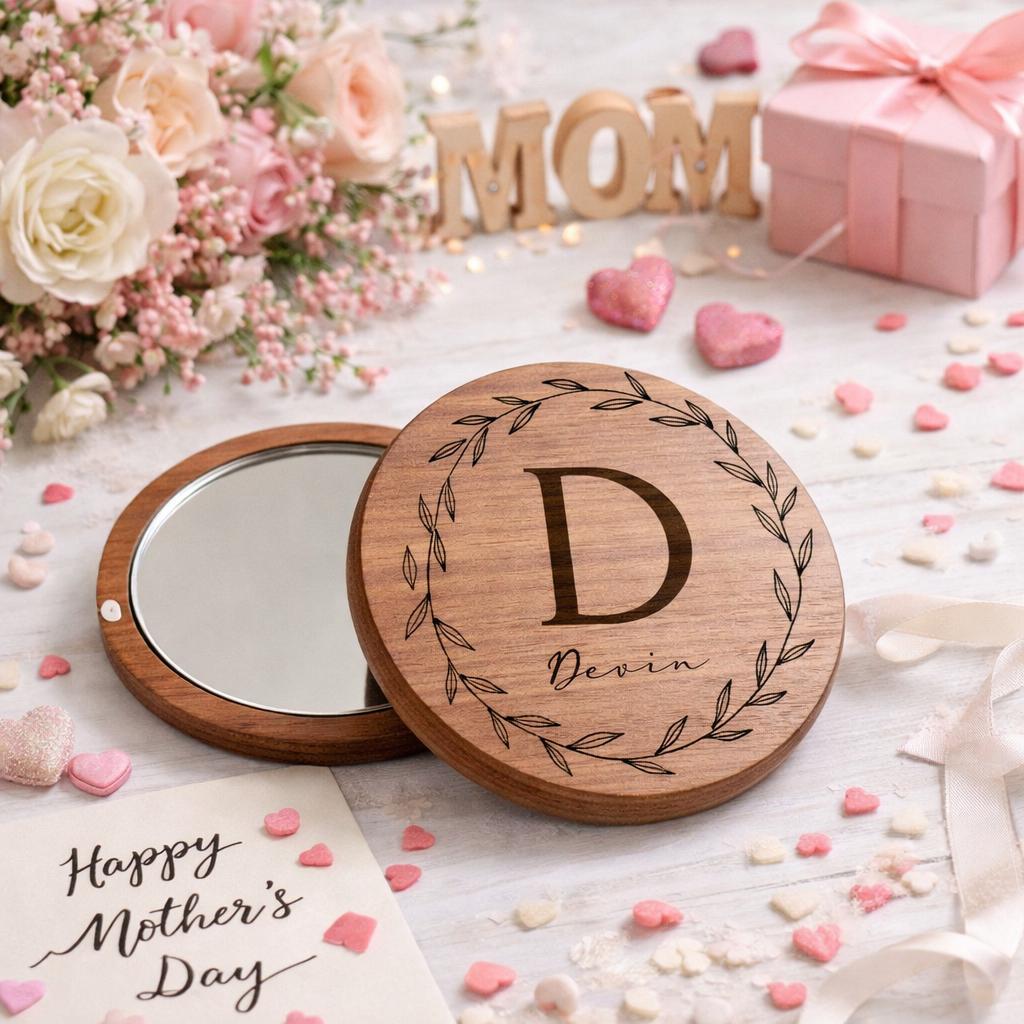 Personalized Wooden Compact Mirror with Engraved Name or Initials, Custom Bridesmaid Gift, Wedding Favor, Purse Mirror, Birthday Gift Idea