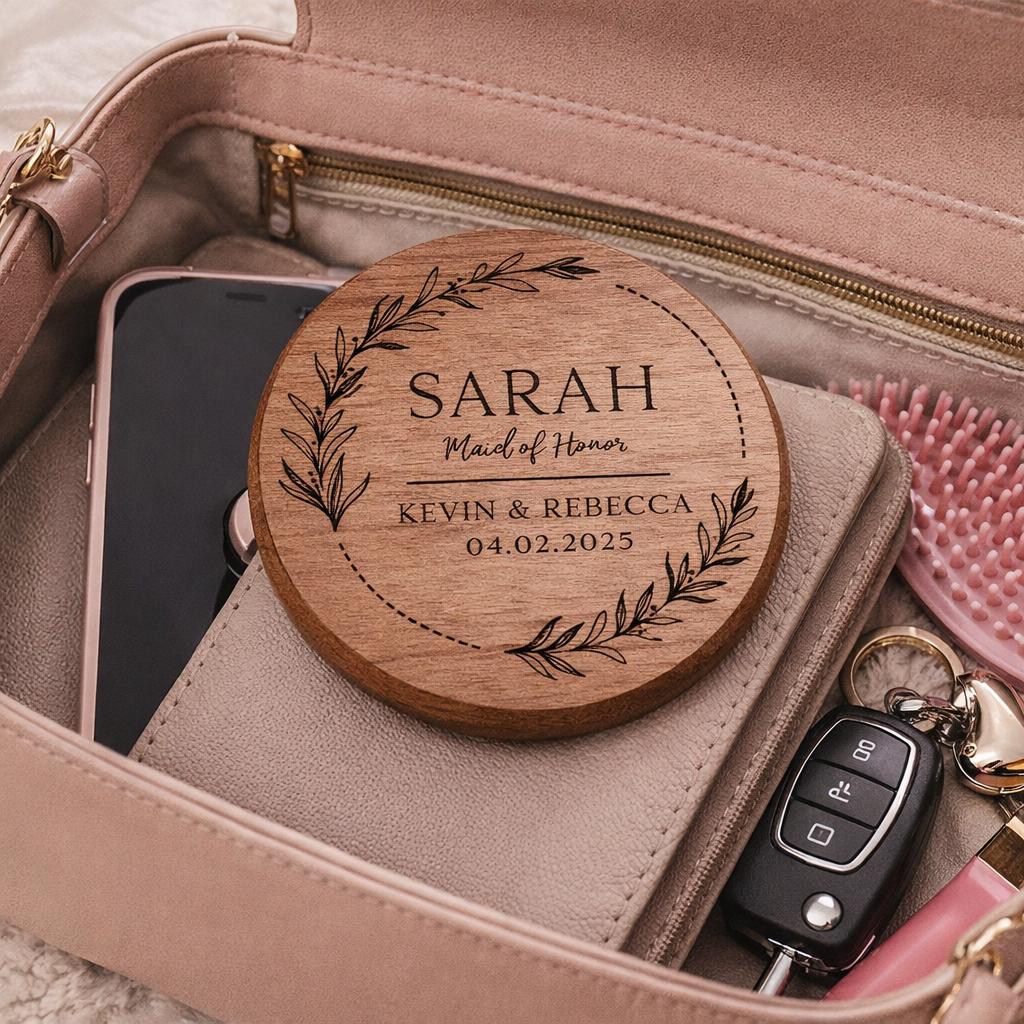 Personalized Wooden Compact Mirror with Engraved Name or Initials, Custom Bridesmaid Gift, Wedding Favor, Purse Mirror, Birthday Gift Idea