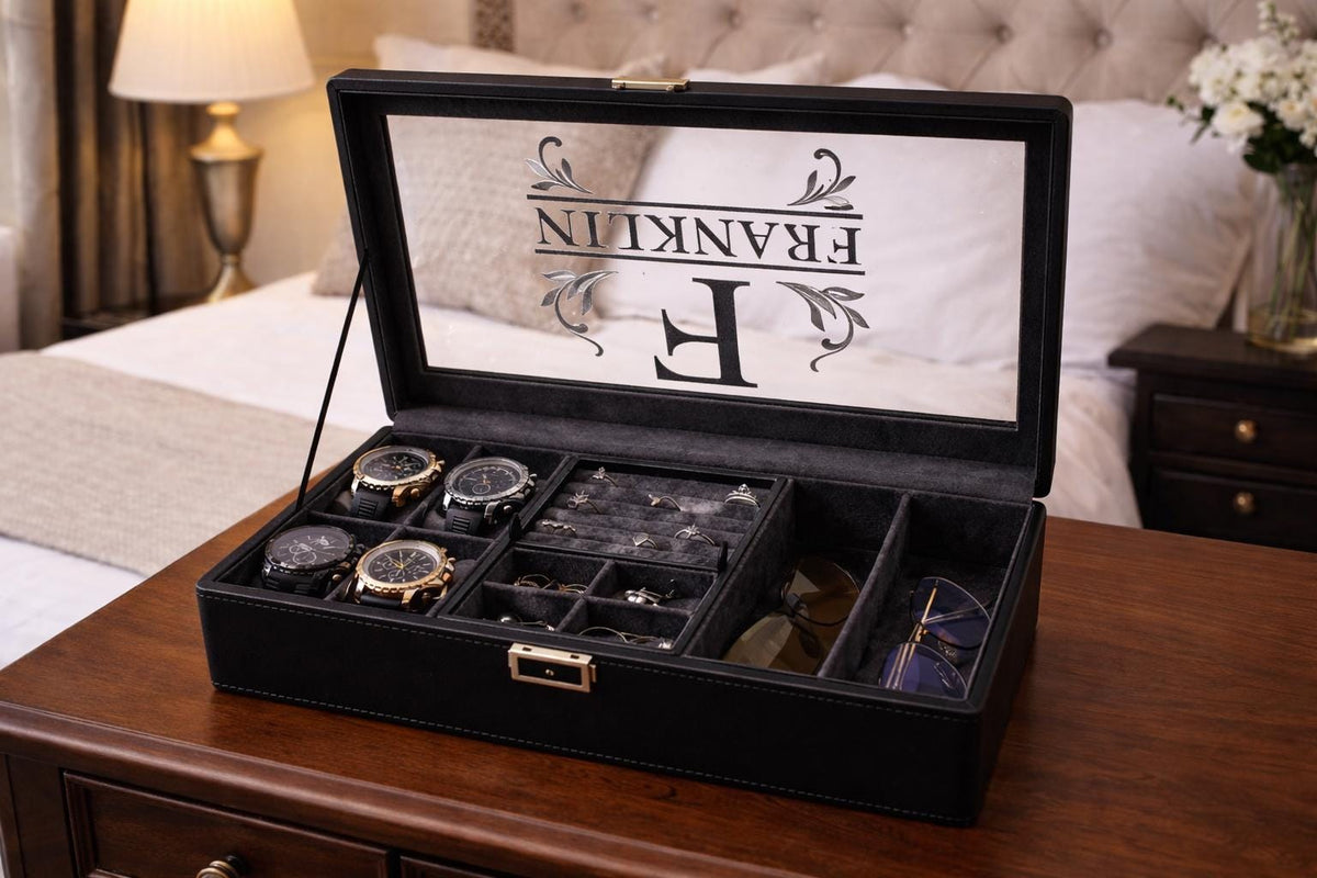 Personalized Leather Watch Jewelry Box for Men with Custom Name Monogram Engraving Gift for Him Husband Dad Anniversary Groomsmen