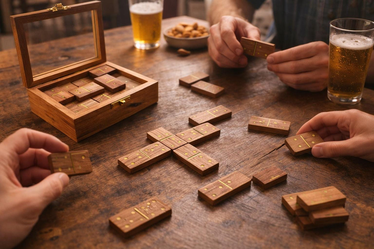 Handmade Acacia Wood Domino Set with Gold Inlay in Clear Lid Display Box – Unique Personalized Gift for Him, Dad, Weddings or Holidays