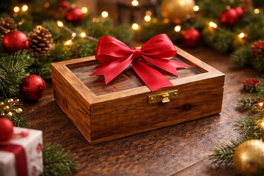 Handmade Acacia Wood Domino Set with Gold Inlay in Clear Lid Display Box – Unique Personalized Gift for Him, Dad, Weddings or Holidays
