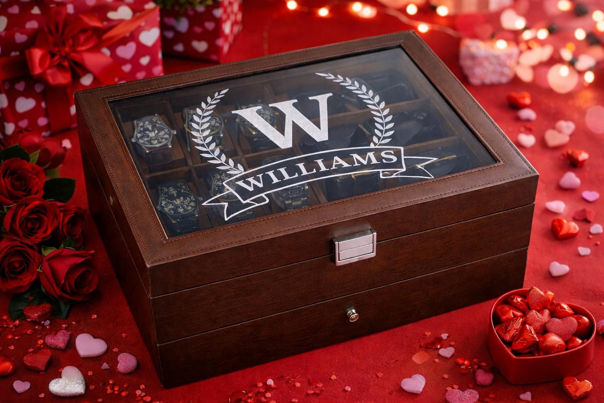 Custom Engraved Watch Sunglass Jewelry Box for Men with Name or Monogram – Wooden Personalized Organizer Gift for Him Husband Dad